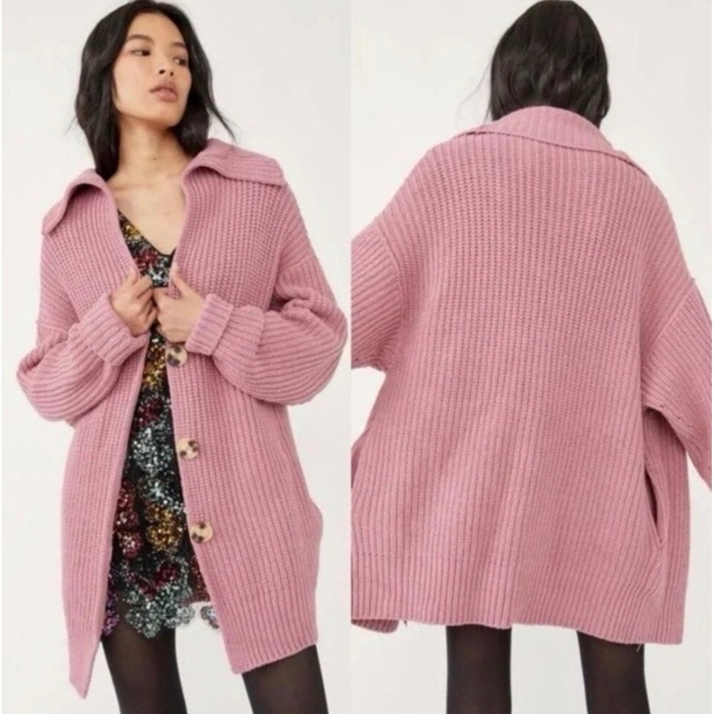 Free People Swim Too Deep Cardigan Pink Ribbed Knit Oversized Sweater Size XS/S